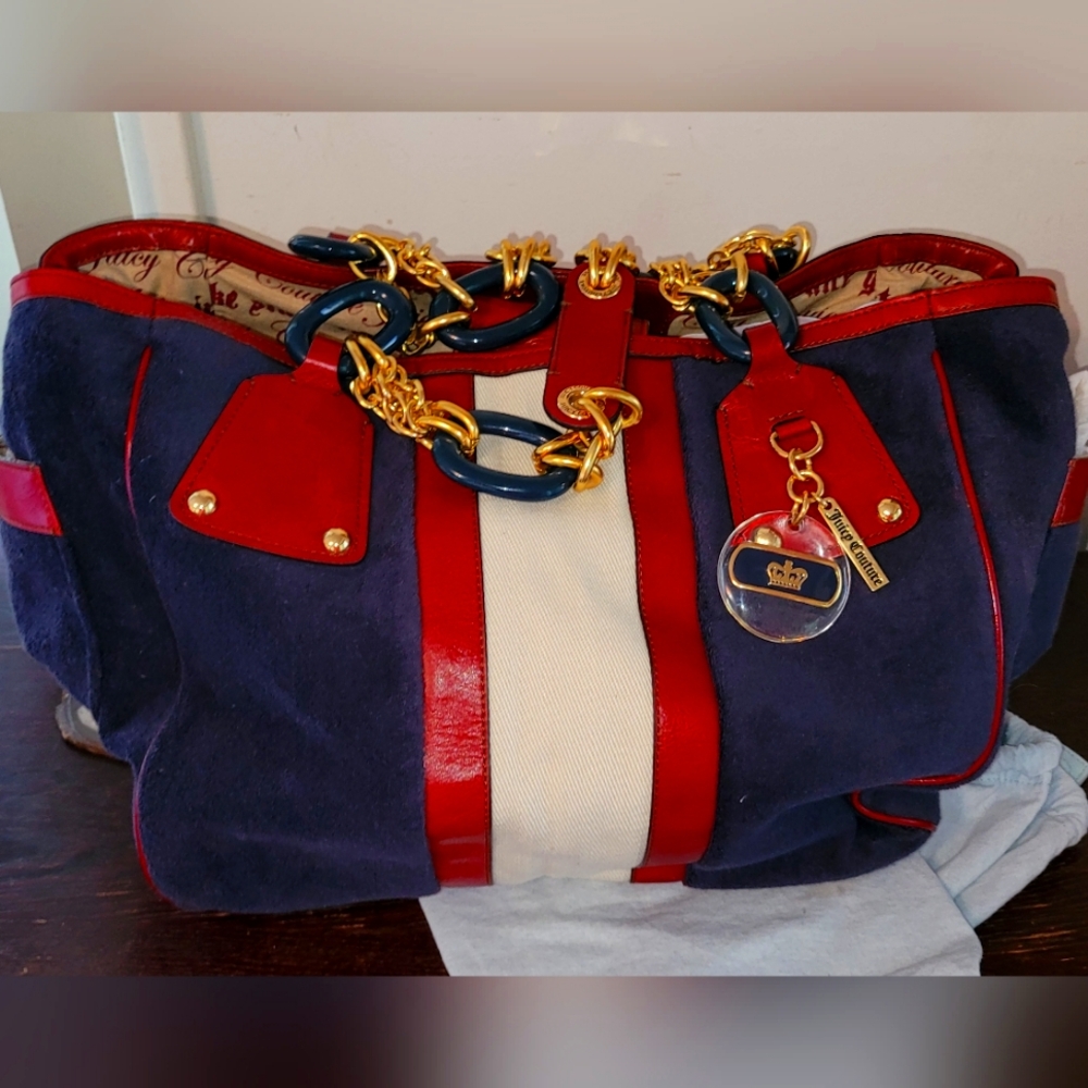 Super rare Y2k Juicy Couture blue red navy velour bag